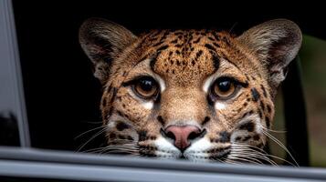 Close up portrait of an ocelot peering from a car window photo