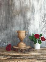 Wooden trophy on rustic wood with red roses photo