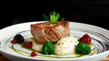 Gourmet plated dish of pan seared meat with creamy mashed potatoes and colorful garnish photo