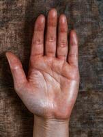 Close up of a persons palm with metallic paint, showing detailed texture and lines photo