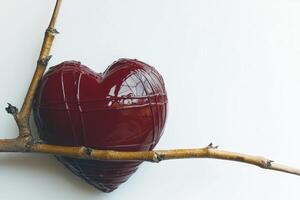 Red heart shaped resin art on a branch photo