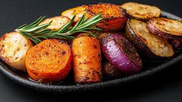 Roasted root vegetables with rosemary on dark background photo