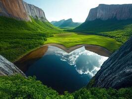 Heart shaped lake reflecting clouds in a mountain valley photo