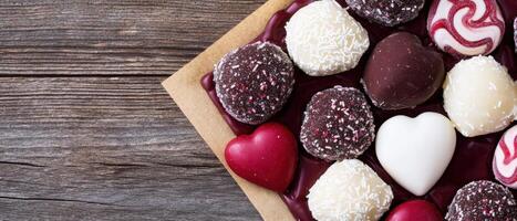 Assorted heart shaped chocolates arranged on a wooden background photo