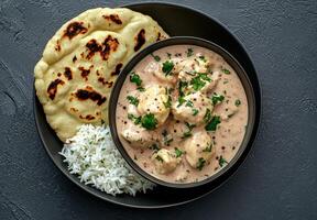 Delicious butter chicken curry served with rice and naan bread. photo