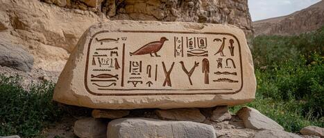 Ancient Egyptian hieroglyphs carved in stone in a desert canyon photo