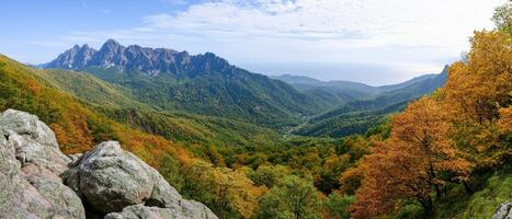 Panoramic view of mountain range with autumn foliage and ocean in the distance photo