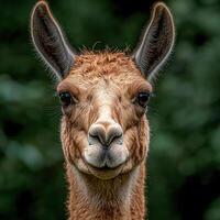 Close up portrait of a curious llama looking directly at the camera photo