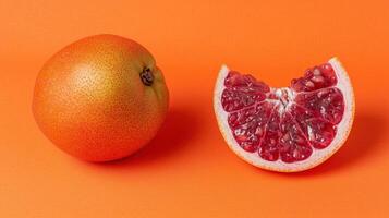 Close up of a whole and a slice of red grapefruit on an orange background photo