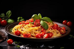 Spaghetti with tomato sauce, cherry tomatoes, basil on dark background. Focused empty area. photo