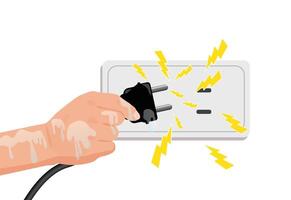 Wet hands plugging in the power, safety first vector