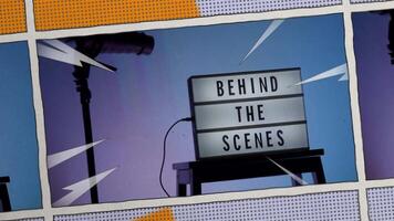 Behind the scene light box. in front of vdo camera frame. Black text on white lightbox of word Behind the scenes. Prop for filmmaker movie or film studio. Footage for B roll film production making of. video