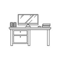 Hand-Drawn Outline of Office Desk Setup with Speakers Besides Monitor vector