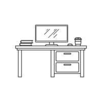 Hand-Drawn Outline of Office Desk Setup with Coffee and Books Beside Monitor vector