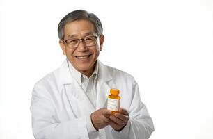 An asian man in a lab coat holding a bottle of medicine photo
