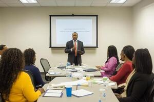 A man in a suit giving a presentation to a group of people photo