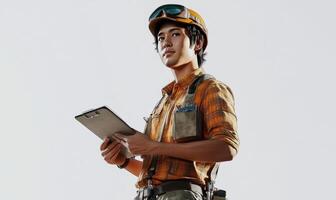 A man in a hard hat and overalls holding a tablet photo