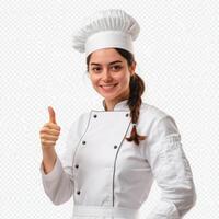 Chef woman showing thumbs up on white background photo