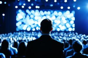 A man in a suit stands in front of a crowd photo