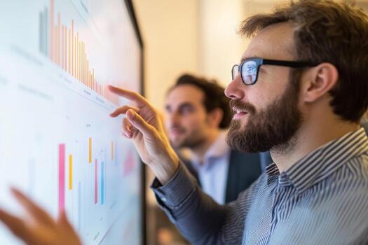 Two men in glasses pointing at a large screen photo