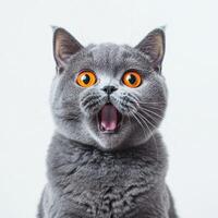 A gray cat with its mouth open and eyes wide photo