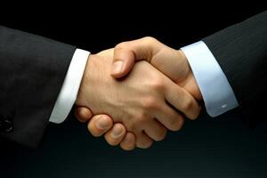 Two business people shaking hands over a black background photo