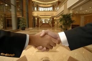 Two business people shaking hands in a lobby photo