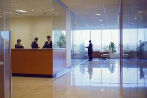 A large office building with glass walls photo