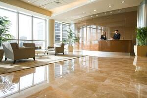 A large lobby with marble floors and a reception desk photo