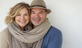 A man and woman are smiling and wearing scarves photo