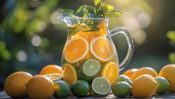 A pitcher filled with oranges and limes photo