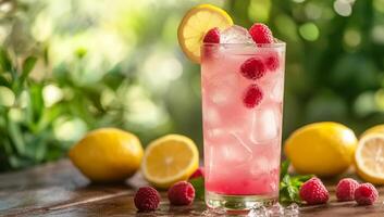 A glass of pink lemonade with raspberries and lemons photo