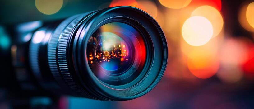 A camera lens is shown in front of a blurred background photo