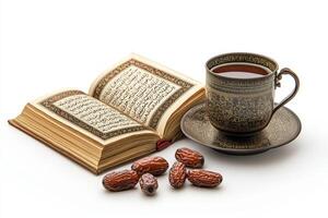 Koran and dates on white background photo