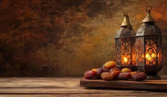 Ramadan lanterns and dates on a wooden table photo