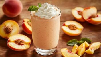 A glass of peach smoothie with whipped cream and mint leaves photo