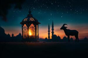 Ram and lantern in front of mosque at night photo
