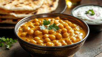 Indian chickpea curry with pita bread photo
