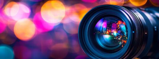 A camera lens is shown in front of colorful lights photo