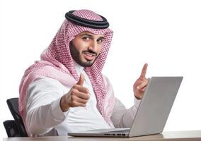 Arab man with laptop showing thumbs up photo