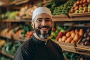 A smiling man in a grocery store with a variety of fruits and vegetables photo