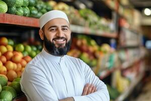 A smiling man in a supermarket with fruit and vegetables photo