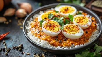 Indian food with eggs and rice photo