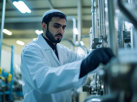 A man in a lab coat working on a machine photo