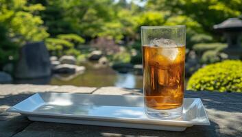 Iced Tea on a Tray in a Japanese Garden photo