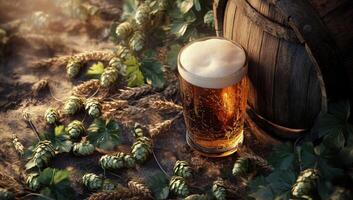A Glass of Beer with Hop Cones and a Wooden Barrel photo