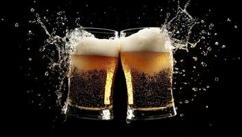 Two glasses of beer with water splashing on them photo
