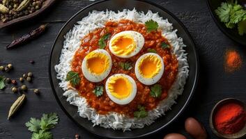 Indian Egg Curry with Rice and Cilantro photo