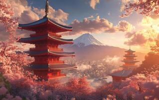 Sunrise Over Fuji with Pagoda and Cherry Blossoms photo