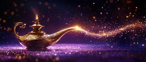 Magic Genie Lamp with Golden Sparkling Dust photo